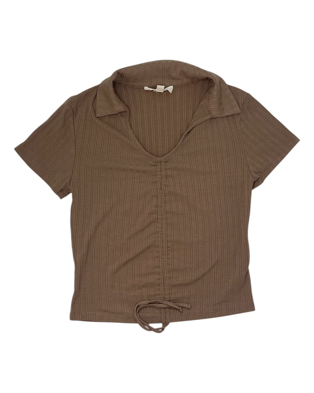 Brown Ribbed Drawstring Top